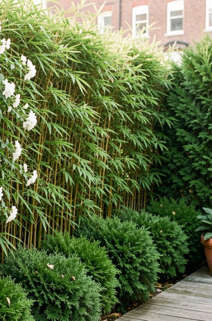 Petit jardin urbain aménagé avec un brise-vue végétal composé de bambous, de plantes grimpantes et d arbustes persistants.