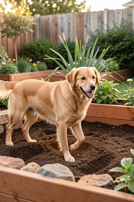 Chien explorant un jardin aménagé avec un espace de fouille, des bordures solides, des massifs surélevés et des plantes adaptées aux animaux.