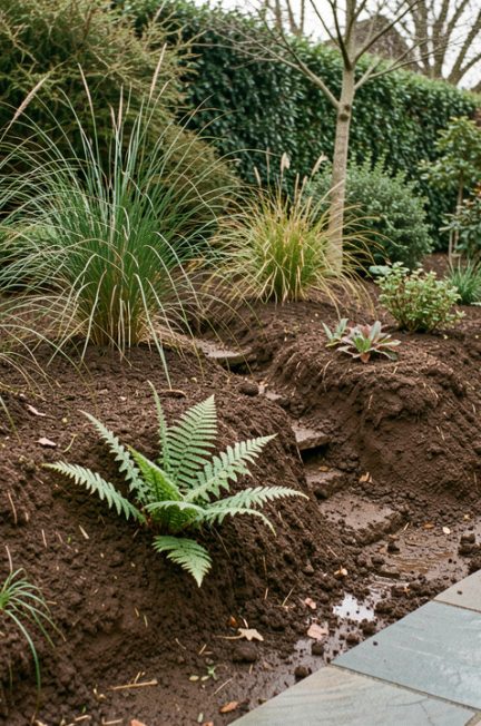 Jardin récemment aménagé près d’une terrasse en pierre, avec un sol argileux humide, des massifs légèrement surélevés, des graminées, des fougères et des arbustes adaptés à l’humidité.