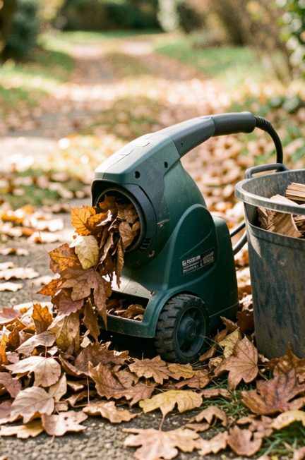 Jardin d’automne avec un broyeur électrique compact, des feuilles mortes sèches au sol et un bac rempli de broyat, éclairé par une lumière naturelle douce.