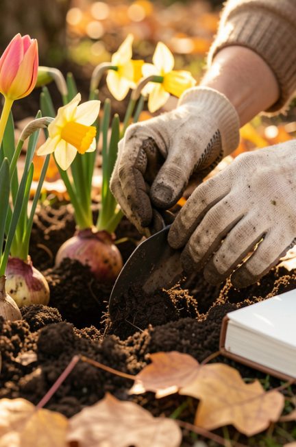 Mains d’une femme plantant des bulbes de narcisses et de tulipes dans un massif de jardin en automne, avec un carnet vierge posé au sol sous une douce lumière de septembre.