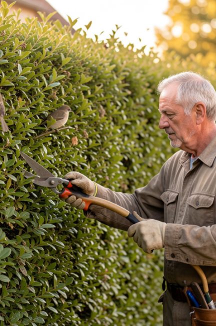 Un jardinier inspecte attentivement une haie dense dans un jardin résidentiel français en septembre, avec de petits oiseaux discrets dans le feuillage et une douce lumière automnale.
