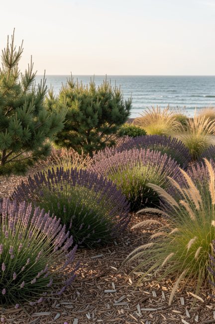 Jardin vendéen proche de l’océan avec un massif de lavandes, des tamaris, des graminées et un paillage naturel baignés par une douce lumière de fin d’été.