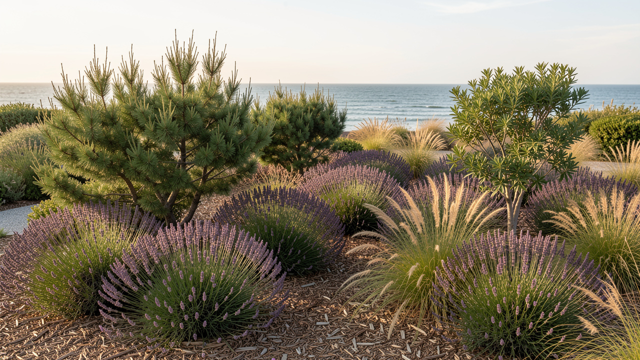 Jardin vendéen proche de l’océan avec un massif de lavandes, des tamaris, des graminées et un paillage naturel baignés par une douce lumière de fin d’été.
