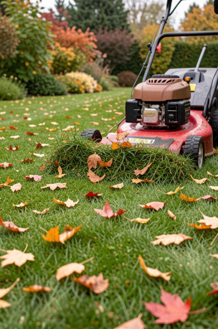 Pelouse de jardin en automne avec une tondeuse réglée sur une coupe haute et des feuilles rouges, orange et dorées au sol, éclairée par une lumière douce.