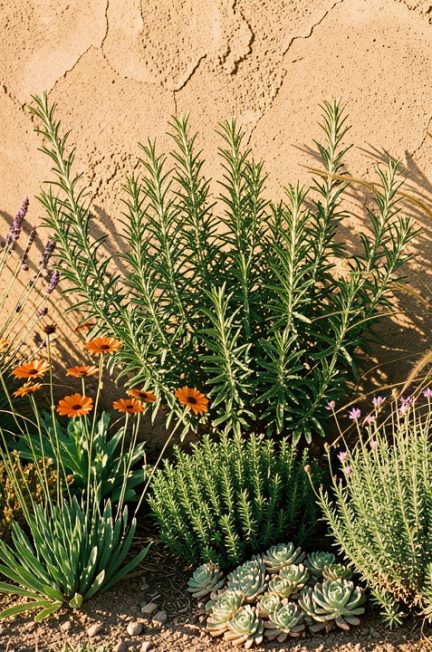 Massif fleuri résistant à la sécheresse au pied d’un mur exposé plein sud, composé de lavande, romarin, thym, graminées et plantes grasses.