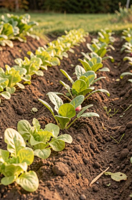 Potager de début d’automne montrant des rangs de jeunes salades, de radis et d’épinards dans une terre fine, éclairés par une douce lumière de septembre.