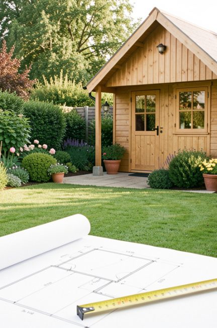Abri de jardin en bois avec toiture à deux pans dans un jardin familial, avec un plan architectural et un mètre ruban au premier plan.