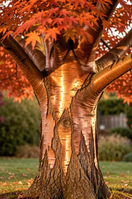 Érable cannelle adulte aux feuilles rouge orangé et au tronc exfoliant brun cuivré dans un jardin d’automne baigné d’une lumière douce.