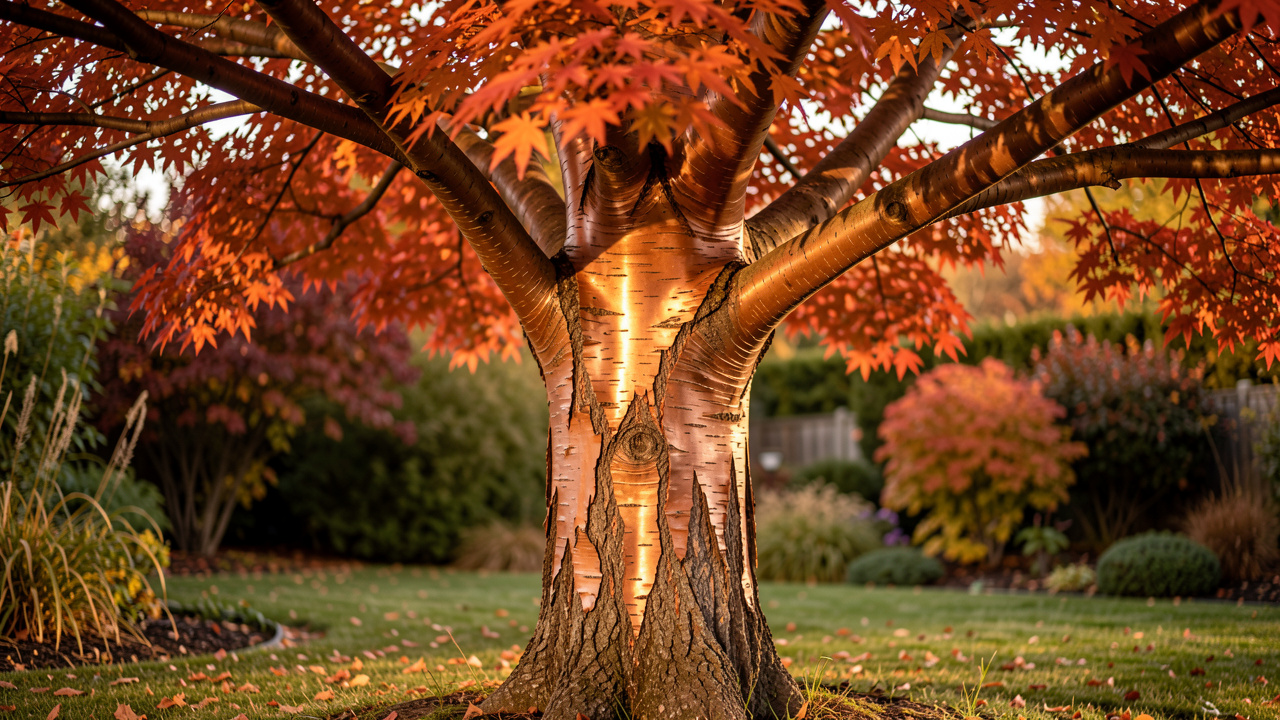 Érable cannelle adulte aux feuilles rouge orangé et au tronc exfoliant brun cuivré dans un jardin d’automne baigné d’une lumière douce.