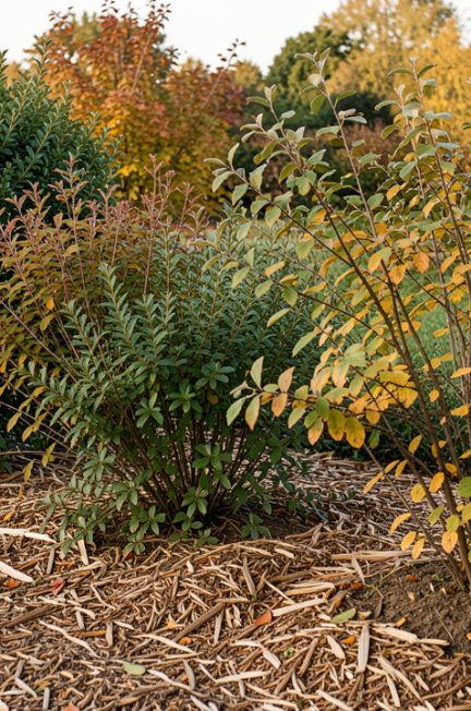 Haie champêtre composée de charmes, de troènes et de viornes dans un jardin français au sol argileux, avec un paillage de broyat et une douce lumière d’automne.