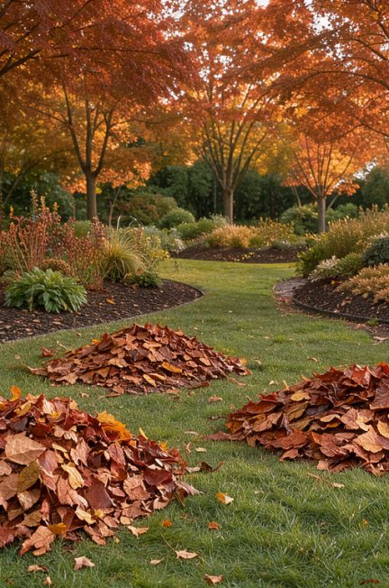 Jardin d’automne lumineux avec des tas de feuilles mortes, des massifs paillés et des arbres aux couleurs cuivrées.
