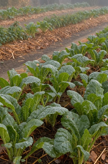 Jardin potager en automne avec des rangées de légumes recouvertes de feuilles broyées et de paille sur un sol humide, éclairées par une lumière douce.