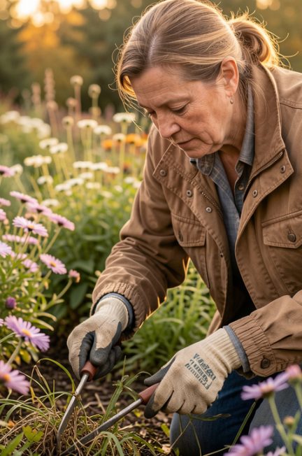 Une jardinière retire délicatement des mauvaises herbes entre des asters dans un massif de vivaces baigné par la douce lumière de fin de journée en automne.