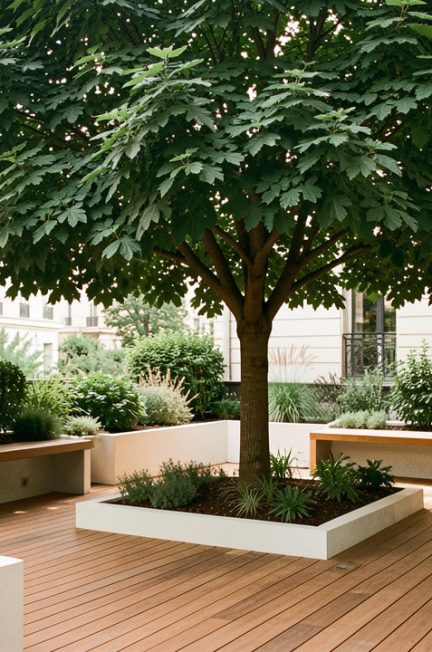 Petit jardin urbain contemporain avec un catalpa boule mature ombrageant une terrasse en bois, devant une façade de ville éclairée par la lumière naturelle d’été.